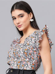 Kotty Floral Printed Flutter Sleeve Crepe Top