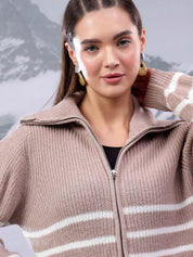 Kotty Women Striped Shirt Collar Cardigan Sweater with Zip Detail 