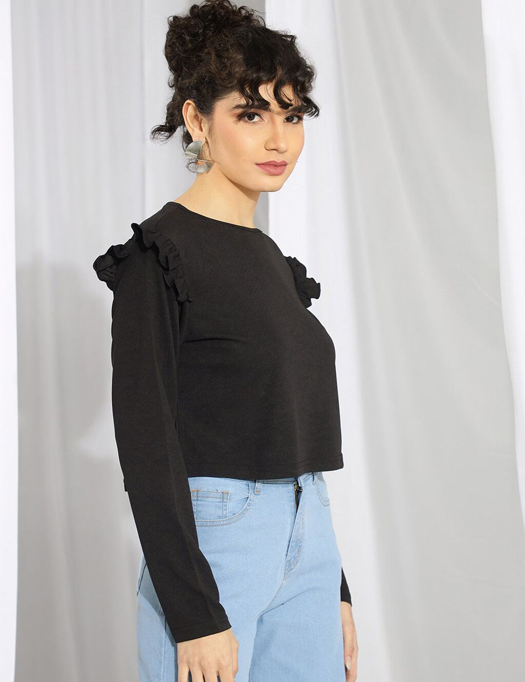 Kotty Black Round Neck Long Sleeves Ruffled Satin Top