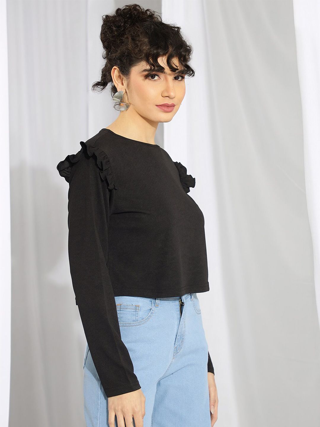 Kotty Black Round Neck Long Sleeves Ruffled Satin Top