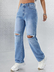 Kotty Women Straight Fit High-Rise Slash Knee Light Fade Stretchable Jeans