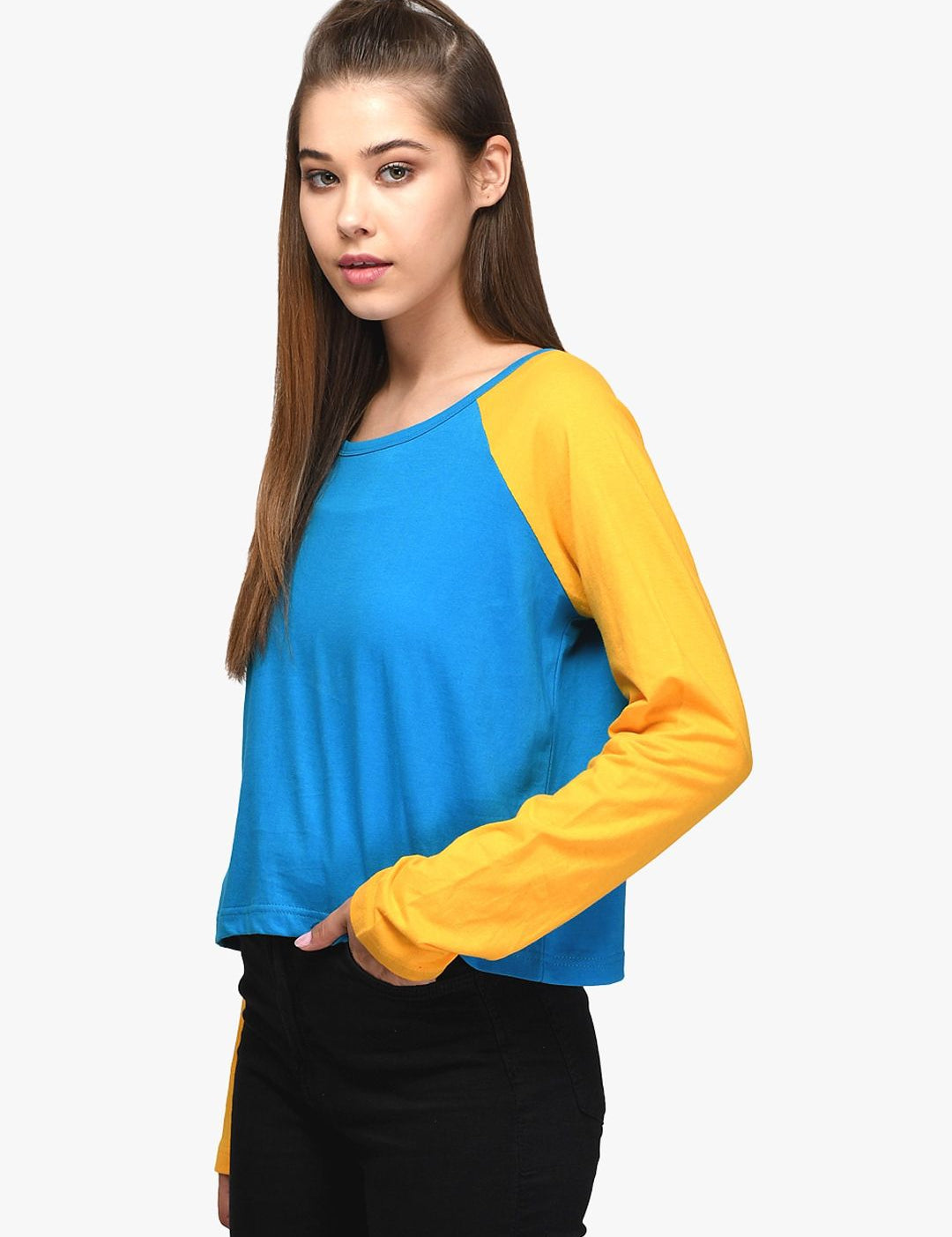 Kotty Women Blue & Yellow Colourblocked Round Neck T-shirt