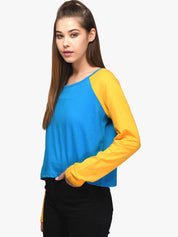 Kotty Women Blue & Yellow Colourblocked Round Neck T-shirt