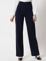 KOTTY BIZwear Women Navy Blue Relaxed Straight Fit High-Rise Pleated Trouser