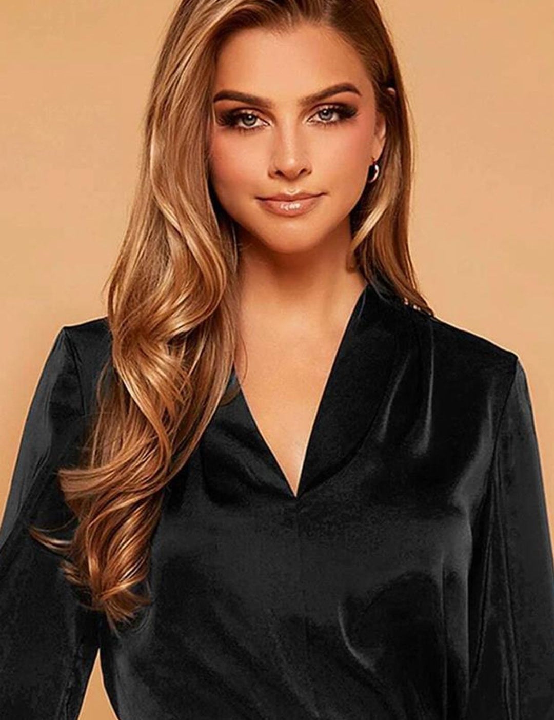 Kotty Black V-Neck Cuffed Sleeve Satin Top