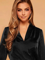 Kotty Black V-Neck Cuffed Sleeve Satin Top