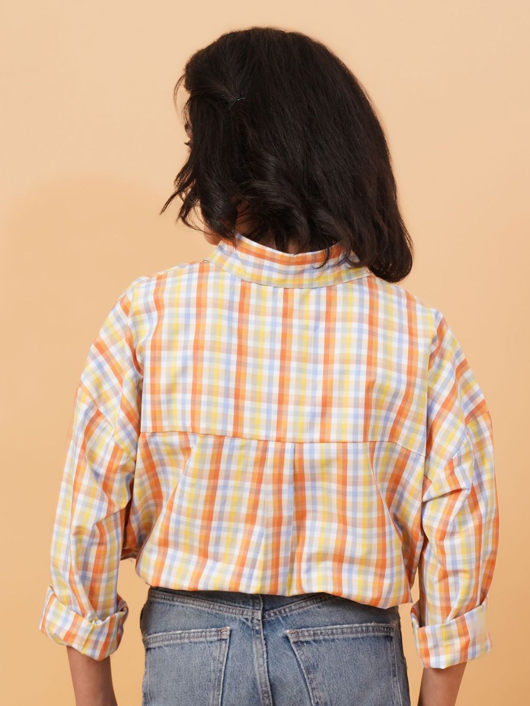 Kotty Orange Spread Collar Checked Casual Shirt