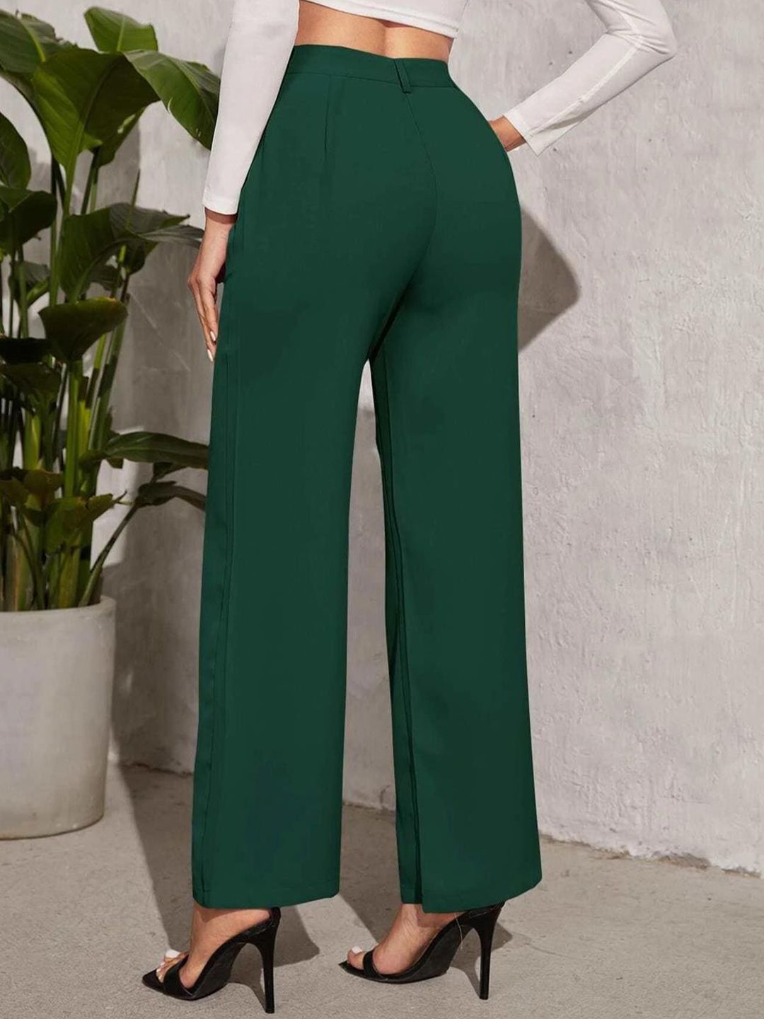 KOTTY BIZwear Women Green Relaxed Straight Leg Straight Fit High-Rise Trousers