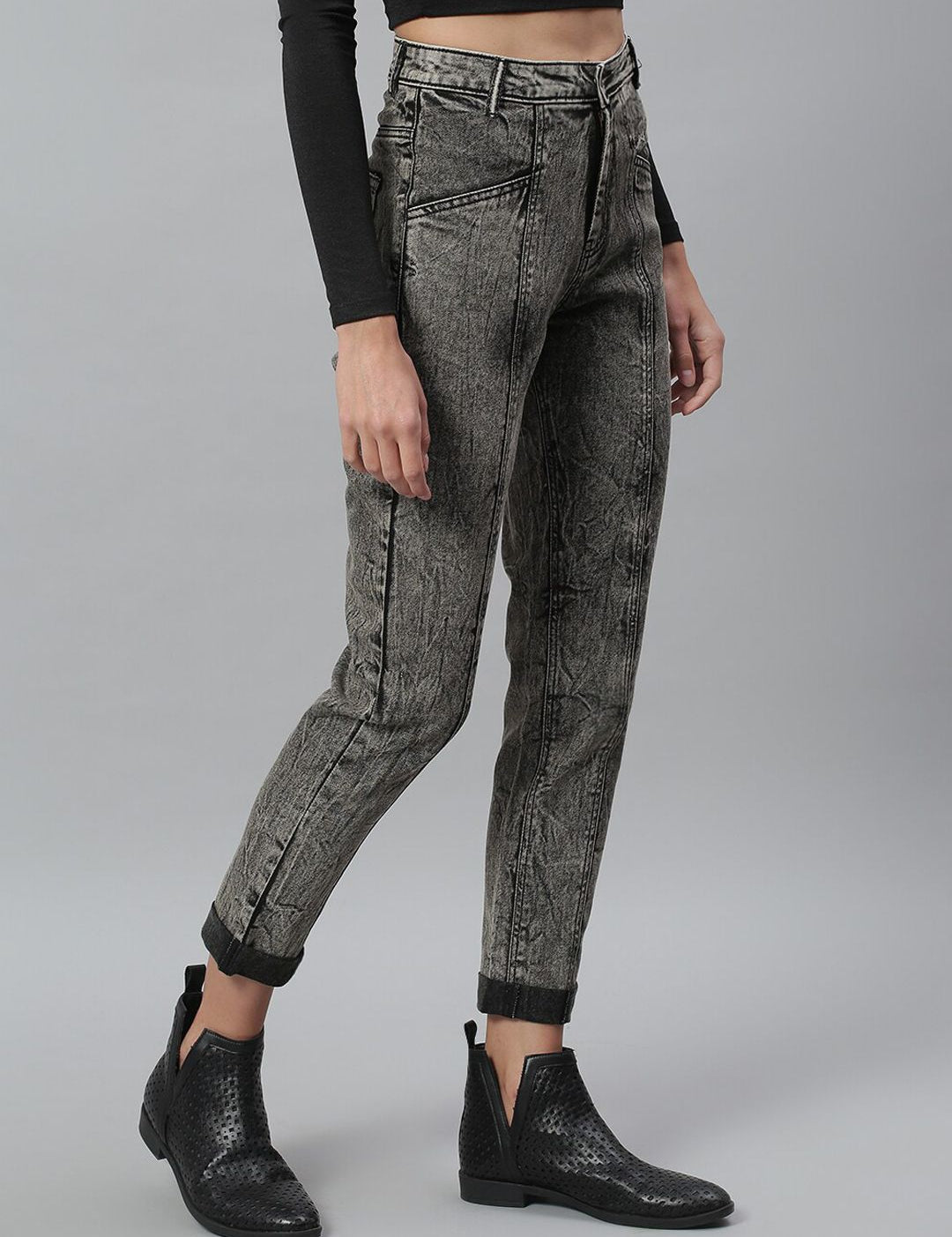 Kotty Women Charcoal Grey Washed Cotton High-Rise Slim Fit Jeans