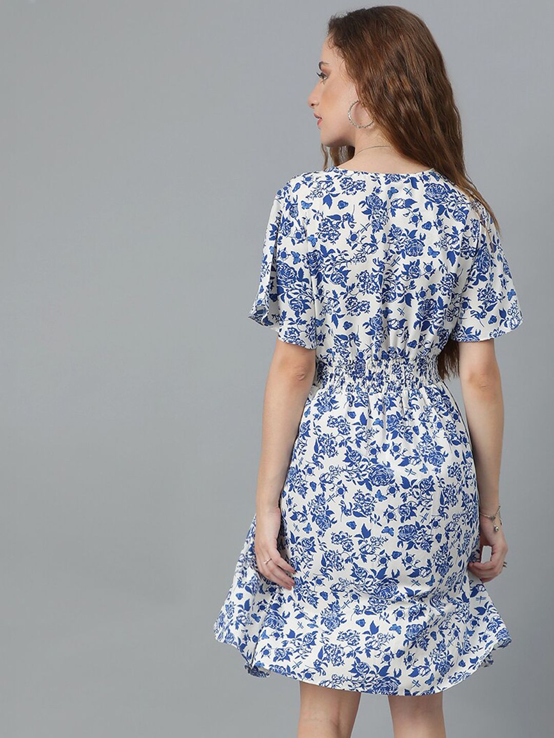 Kotty White & Blue Floral Printed Flared Sleeves Crepe Smocked Fit & Flare Dress