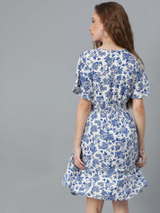Kotty White & Blue Floral Printed Flared Sleeves Crepe Smocked Fit & Flare Dress