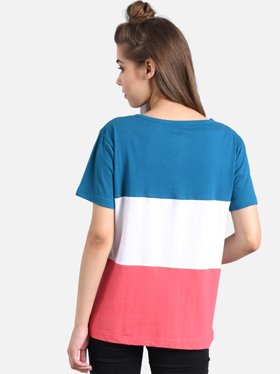 Kotty Women Blue & White Colourblocked V-Neck T-shirt