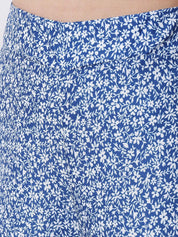 Kotty Women Blue and White Floral Printed Relaxed Flared High-Rise Trousers