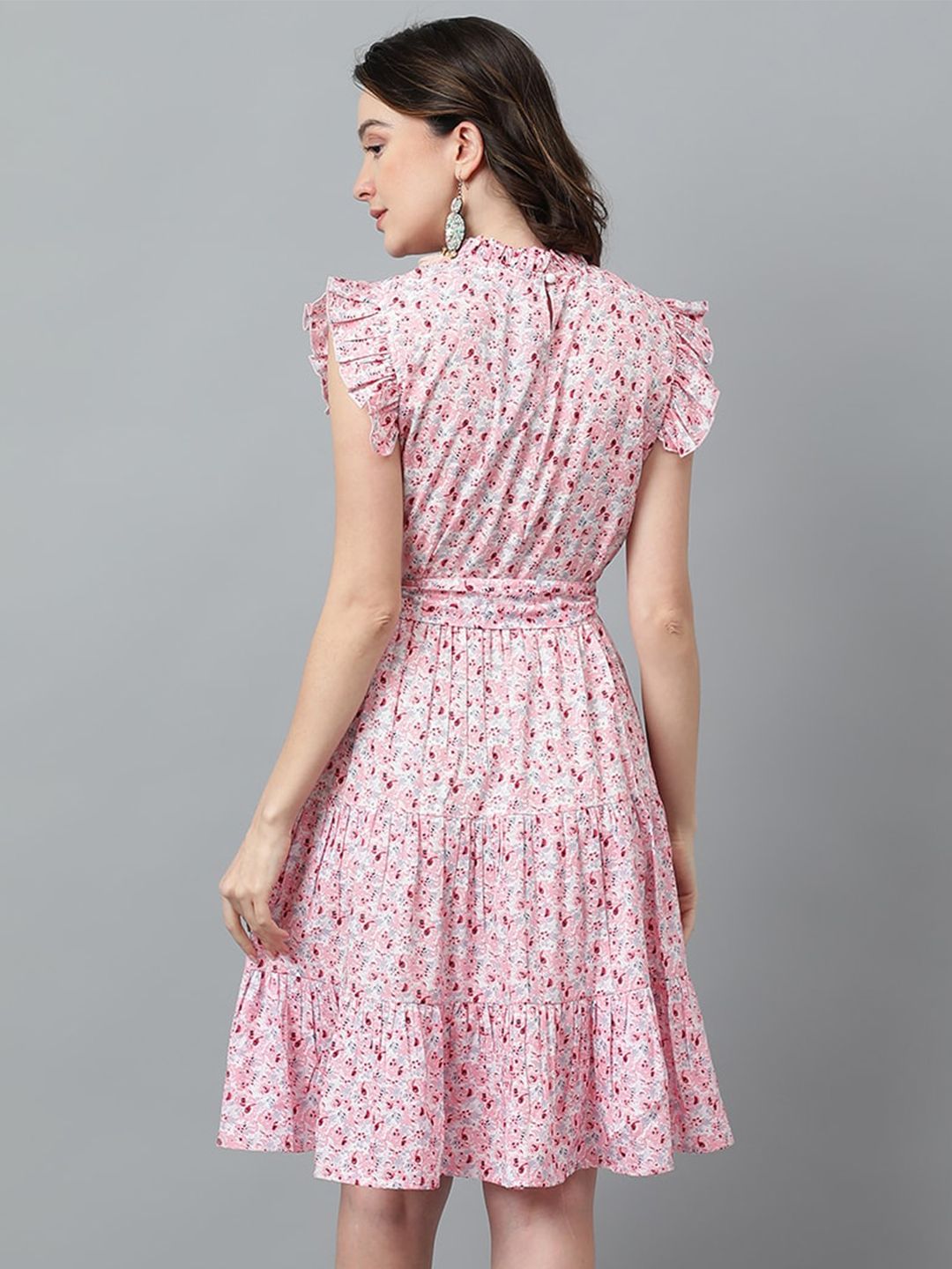Kotty Pink & White Floral Printed High Neck Ruffled Fit & Flare Dress