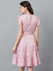 Kotty Pink & White Floral Printed High Neck Ruffled Fit & Flare Dress
