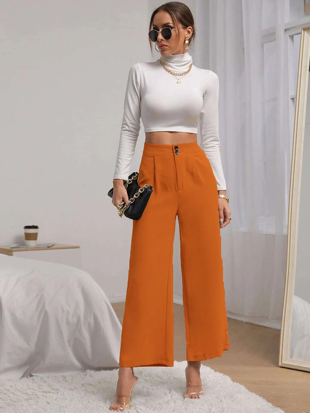 KOTTY BIZwear Women Yellow Relaxed Straight Fit High-Rise Easy Wash Pleated Trousers