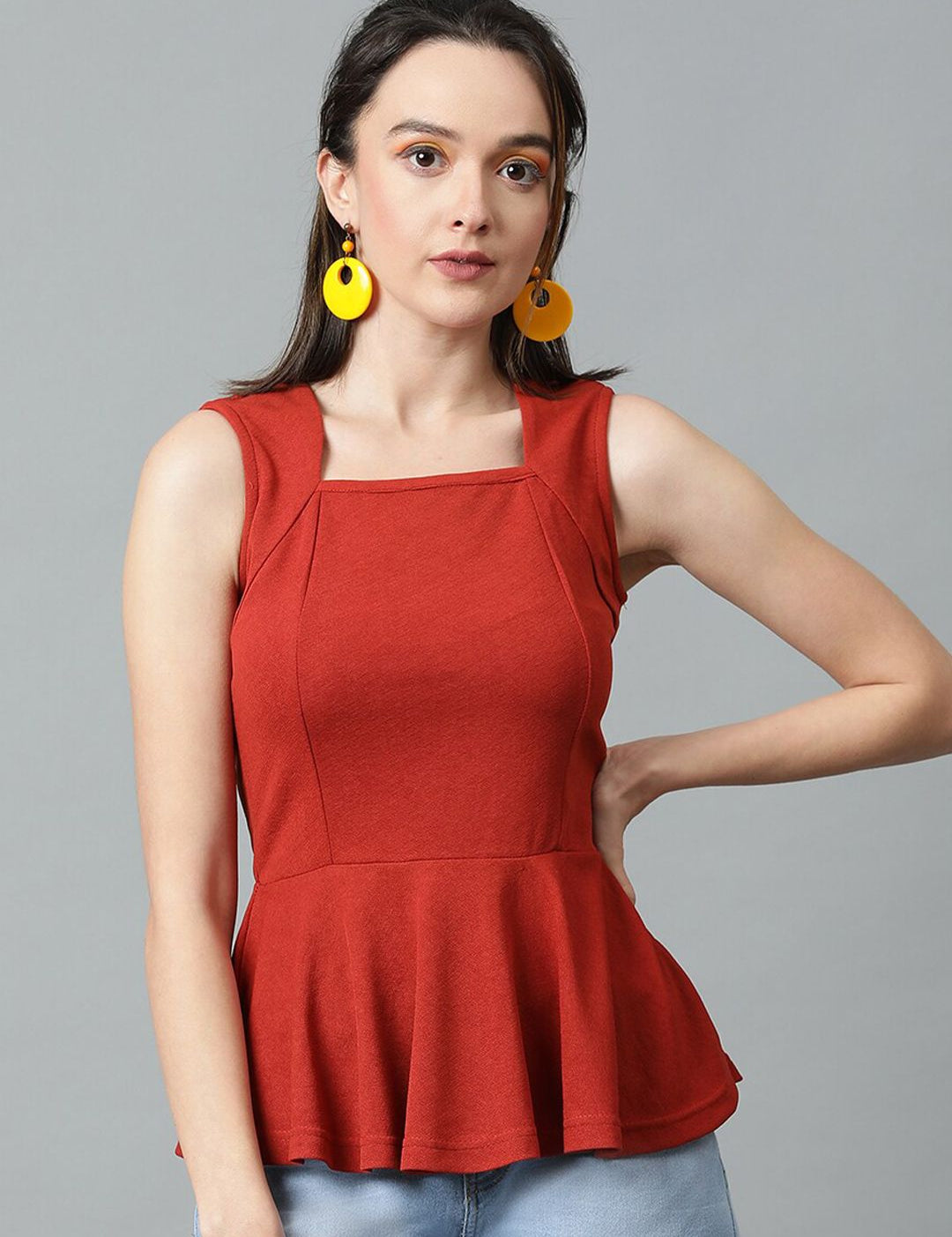 Kotty Rust Square Neck Peplum Top