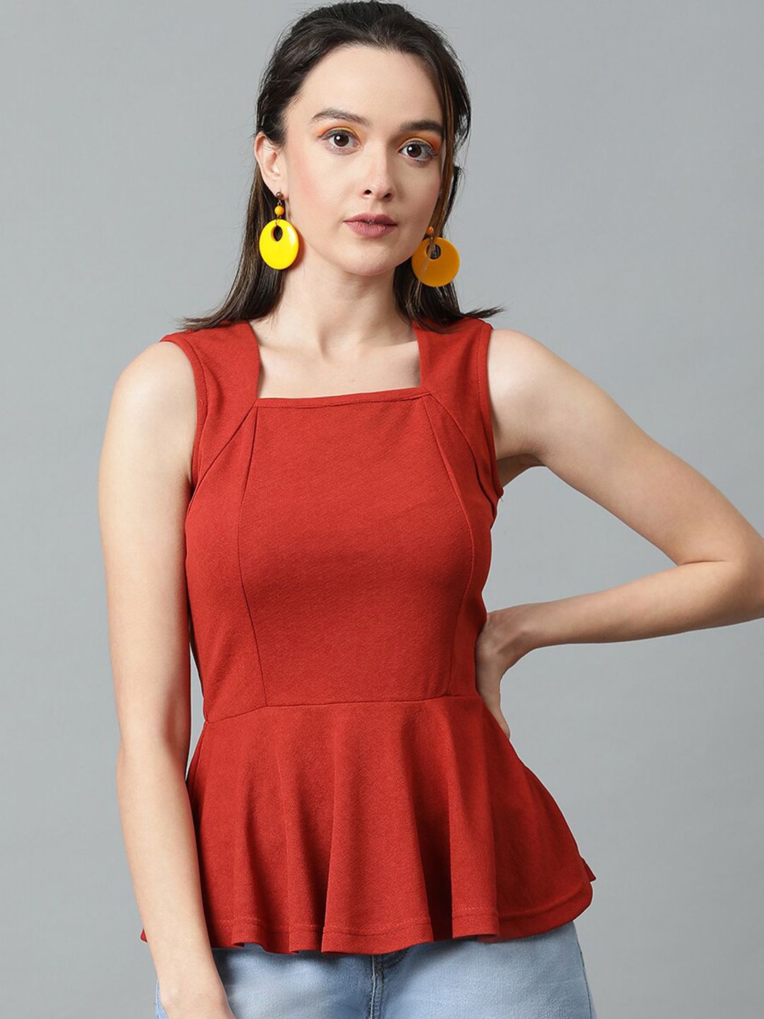 Kotty Rust Square Neck Peplum Top