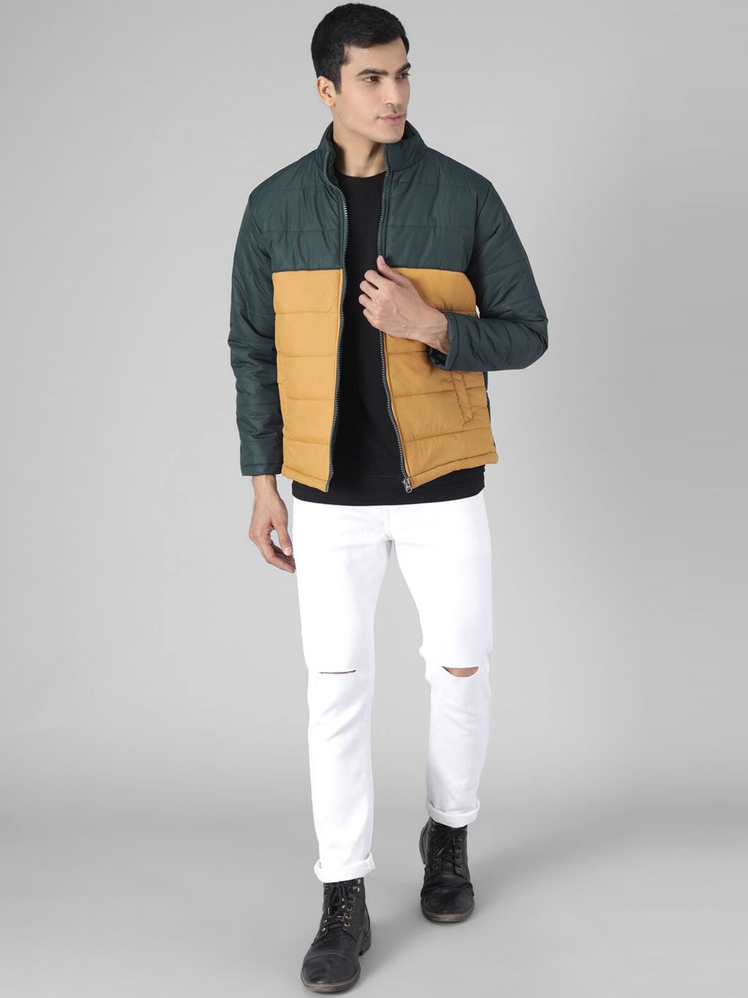 Kotty Men Yellow & Green Colourblocked Puffer Jacket