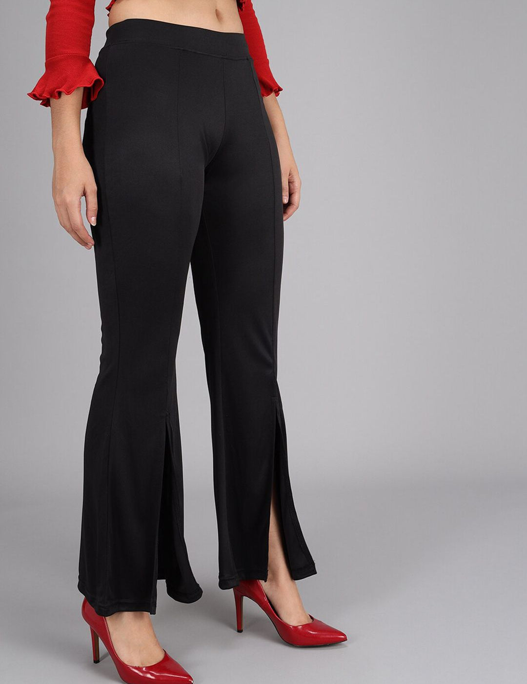 Kotty Women Black Flared High-Rise Bootcut Trousers