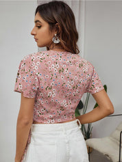 Kotty Floral Printed Flared Sleeves Wrap Crop Top