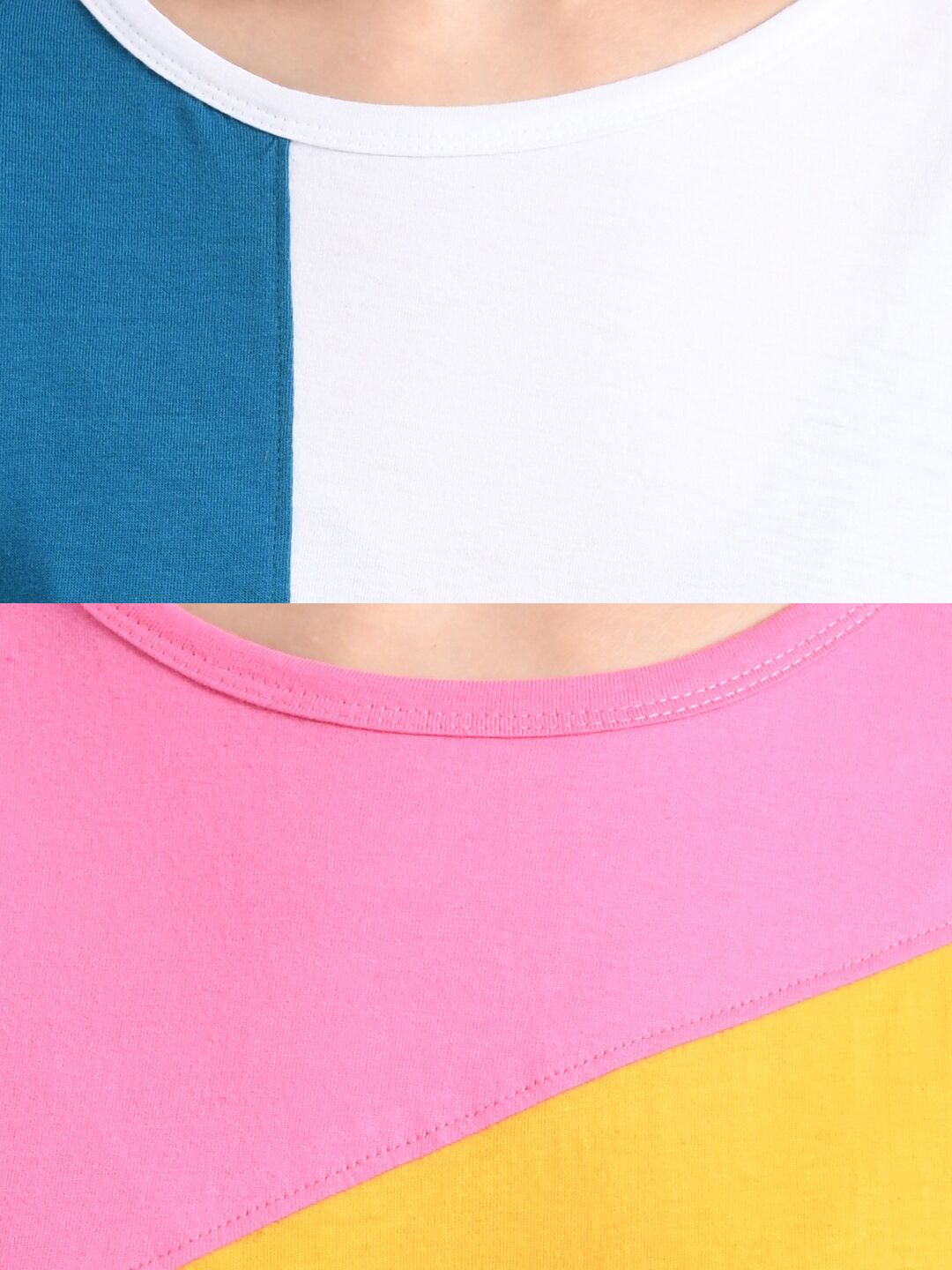 Kotty Women Pink & Yellow Pack of 2 Colourblocked Round Neck T-shirt
