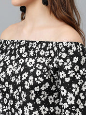 Kotty Black Floral Print Off-Shoulder Puff Sleeve Crepe Bardot Top
