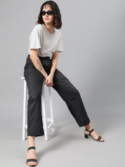 Kotty Women Black Relaxed Straight Leg Fit High-Rise Easy Wash Pleated Parallel Trousers