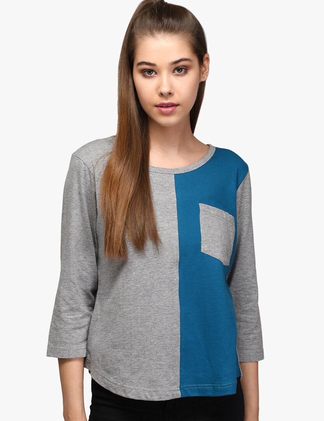 Kotty Women Blue & Grey Colourblocked Round Neck T-shirt