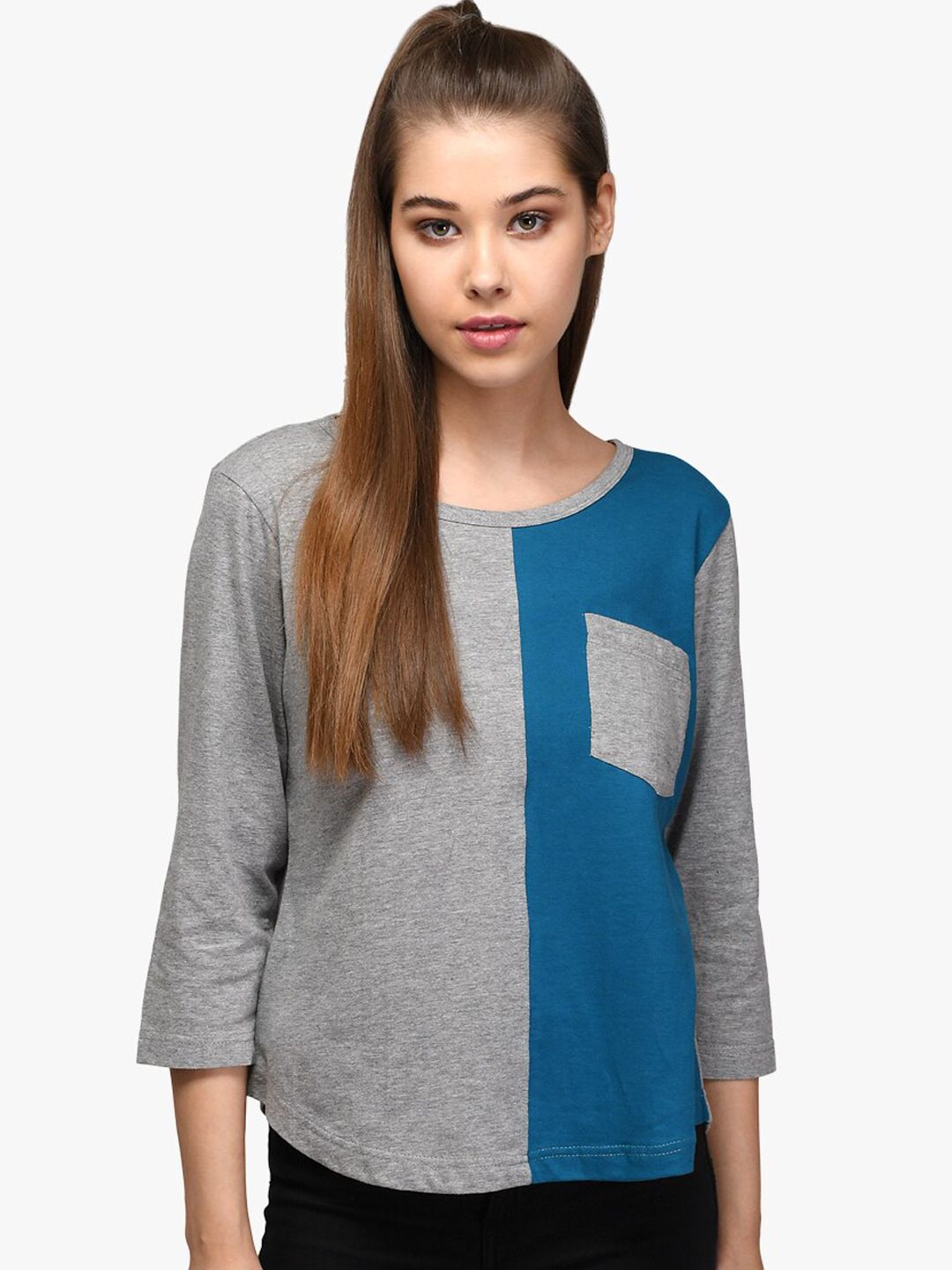 Kotty Women Blue & Grey Colourblocked Round Neck T-shirt