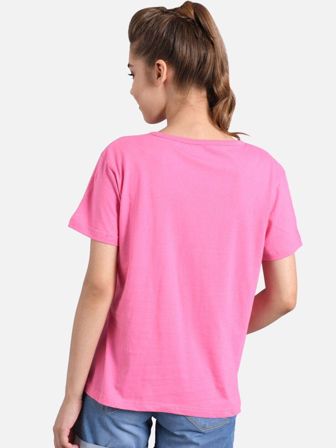 Kotty Women Pink & White Printed Round Neck T-shirt