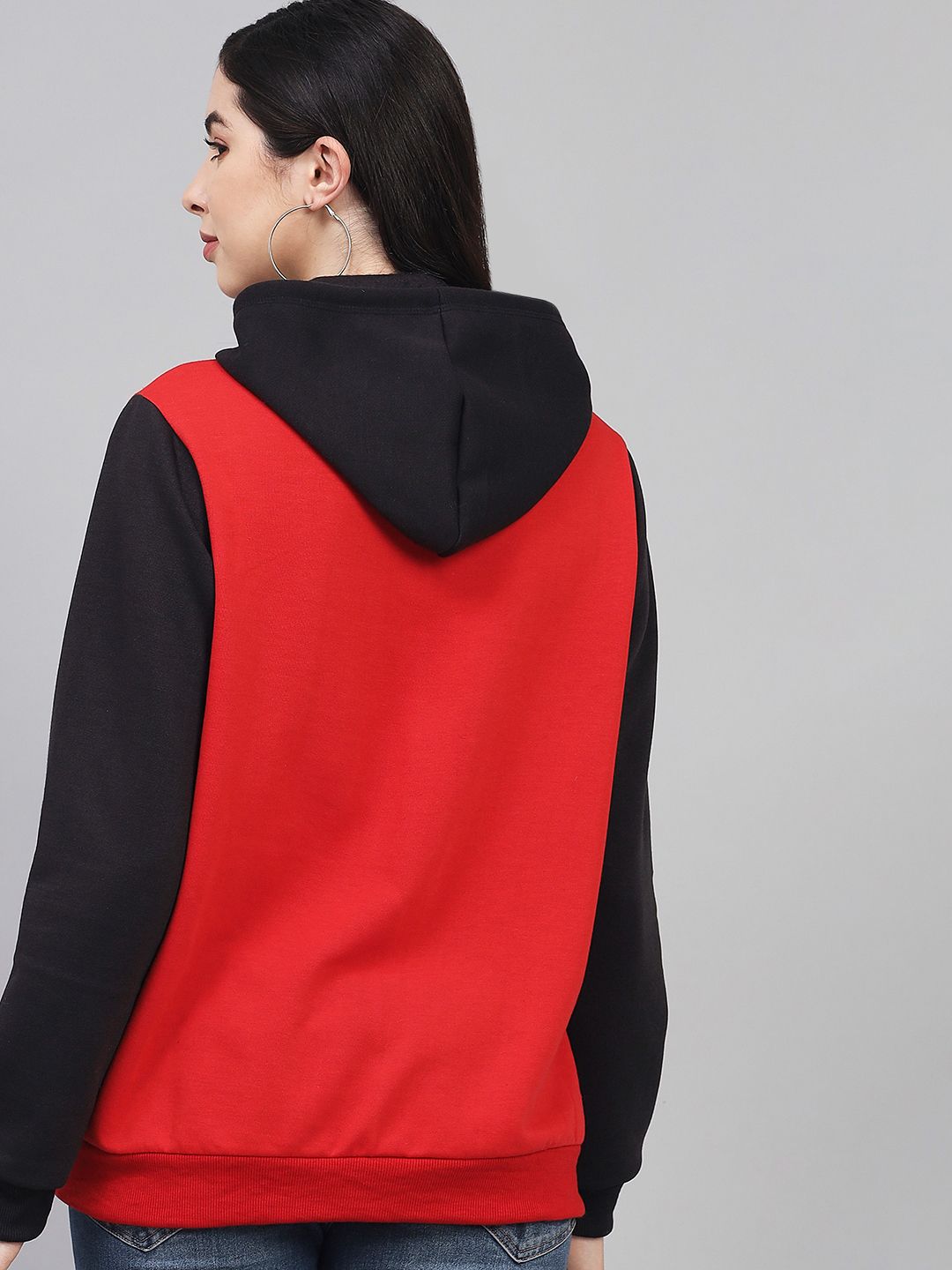 Kotty Women Red & Black Colourblocked Hooded Fleece Sweatshirt