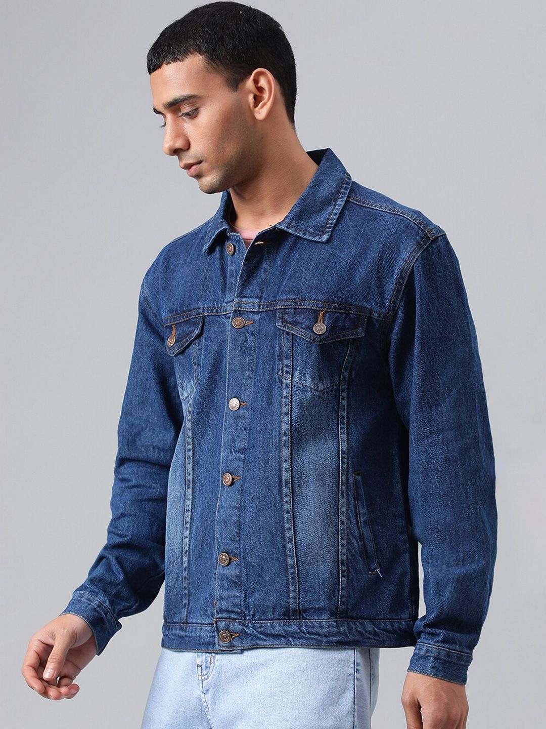 Kotty Blue Spread Collar Washed Denim Jacket