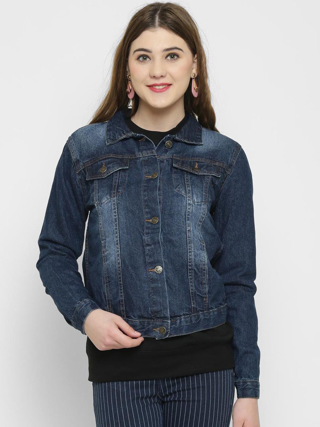 Kotty Women Blue Printed Denim Jacket
