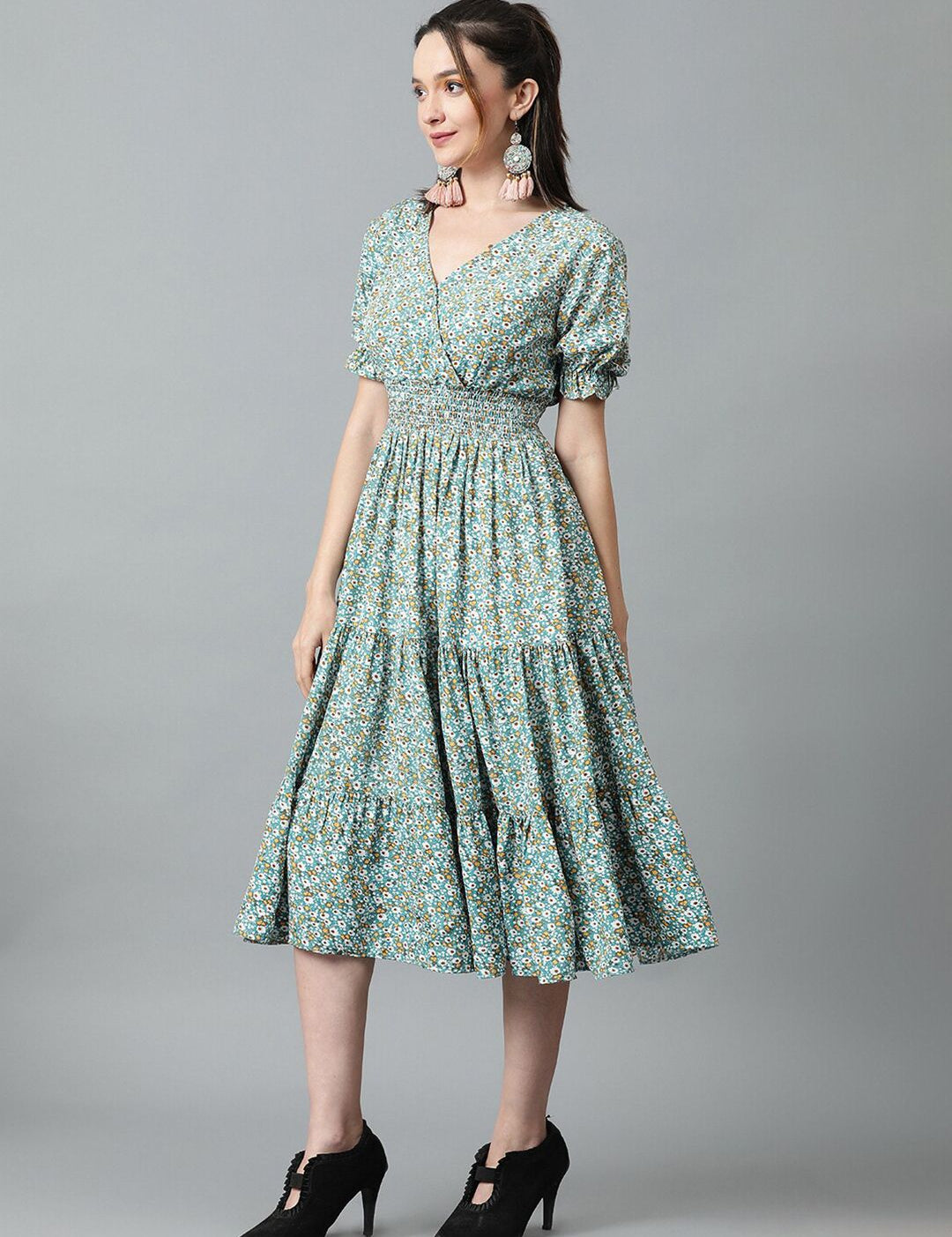 Kotty Blue & White Floral Printed Puff Sleeve Crepe Smocked Tiered Fit & Flare Midi Dress