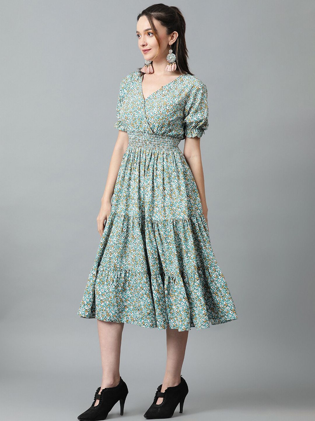 Kotty Blue & White Floral Printed Puff Sleeve Crepe Smocked Tiered Fit & Flare Midi Dress