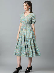 Kotty Blue & White Floral Printed Puff Sleeve Crepe Smocked Tiered Fit & Flare Midi Dress