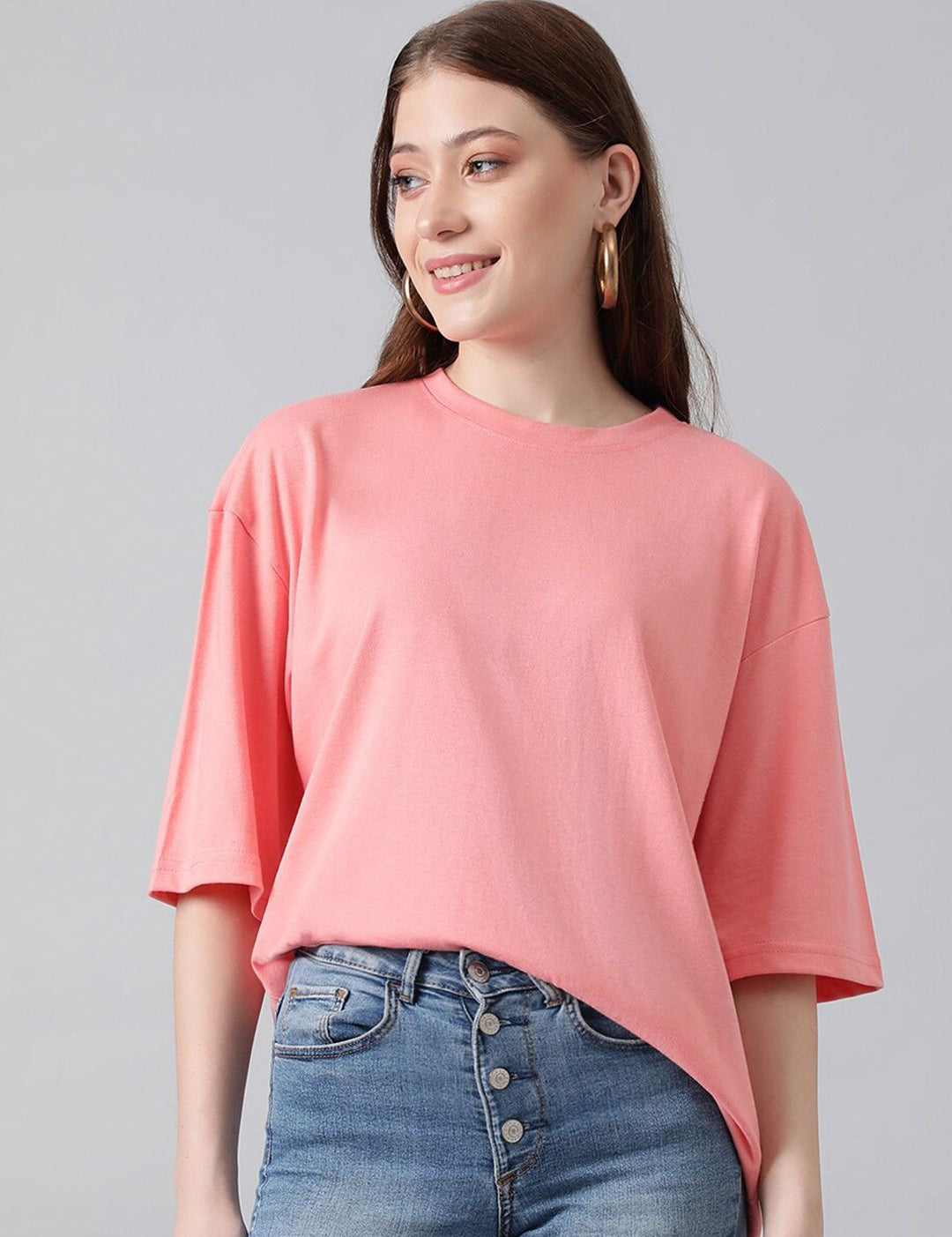 KOTTY Basics Pink Round Neck Oversized T-shirt