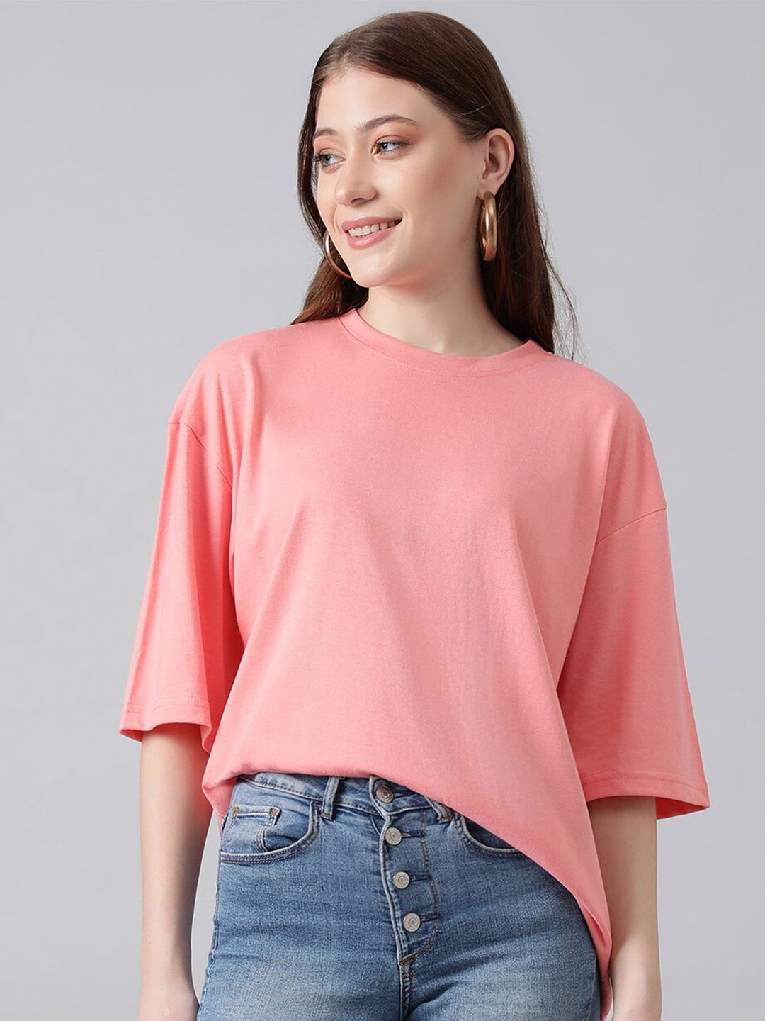 KOTTY Basics Pink Round Neck Oversized T-shirt