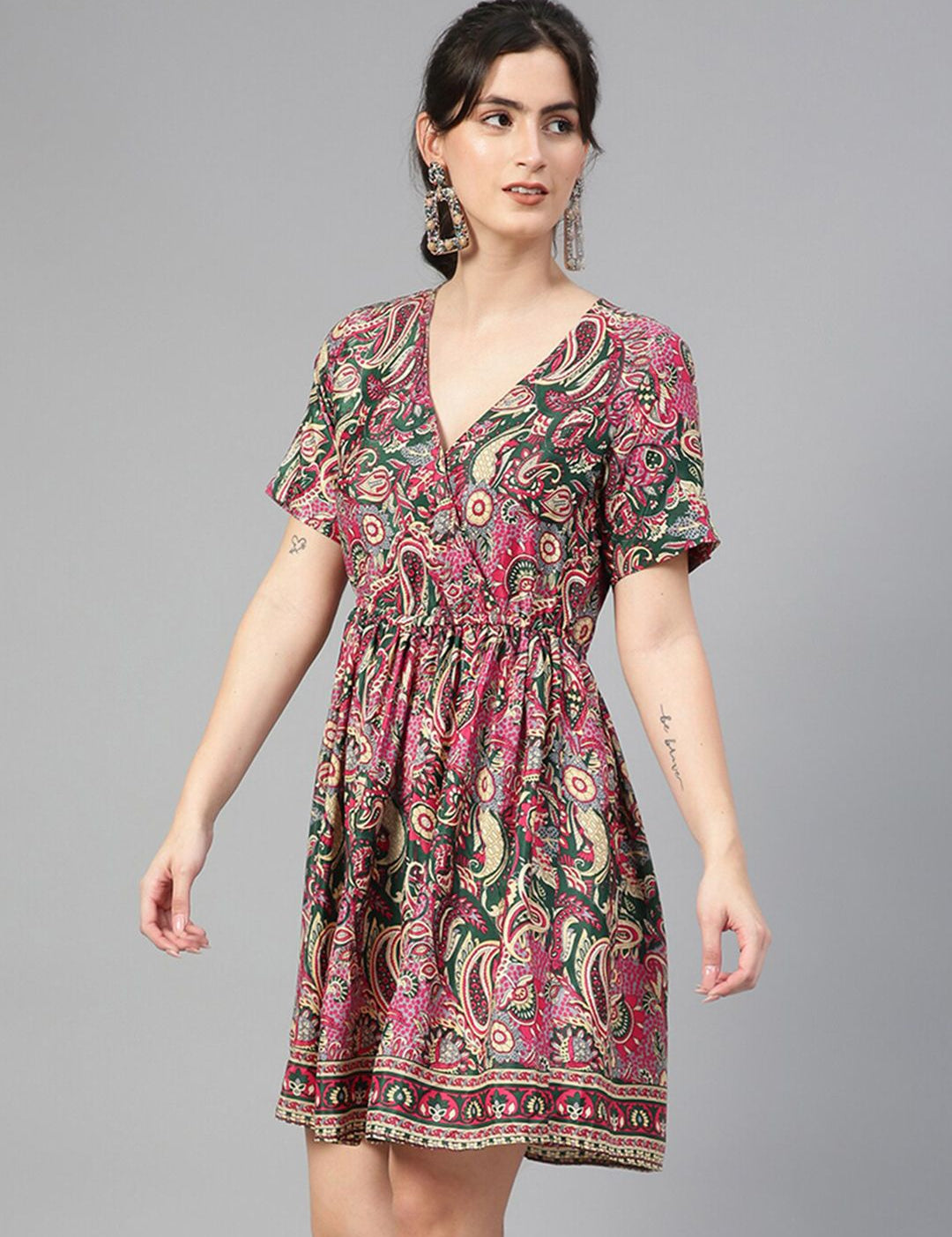 Kotty Ethnic Motifs Printed V-Neck Fit & Flare Dress