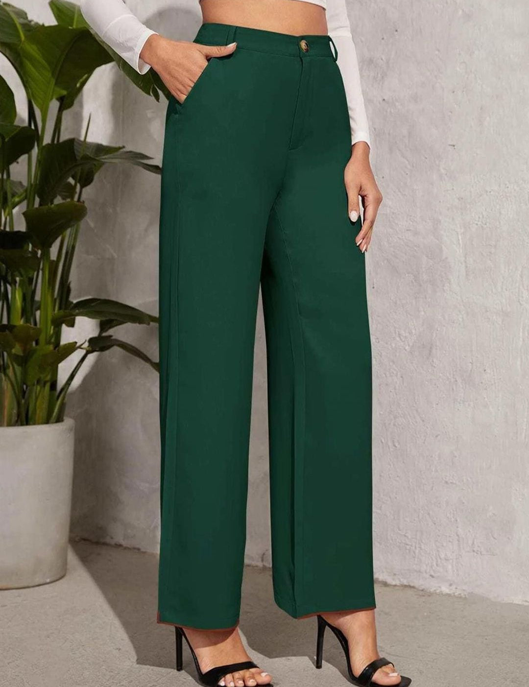 KOTTY BIZwear Women Green Relaxed Straight Leg Straight Fit High-Rise Trousers
