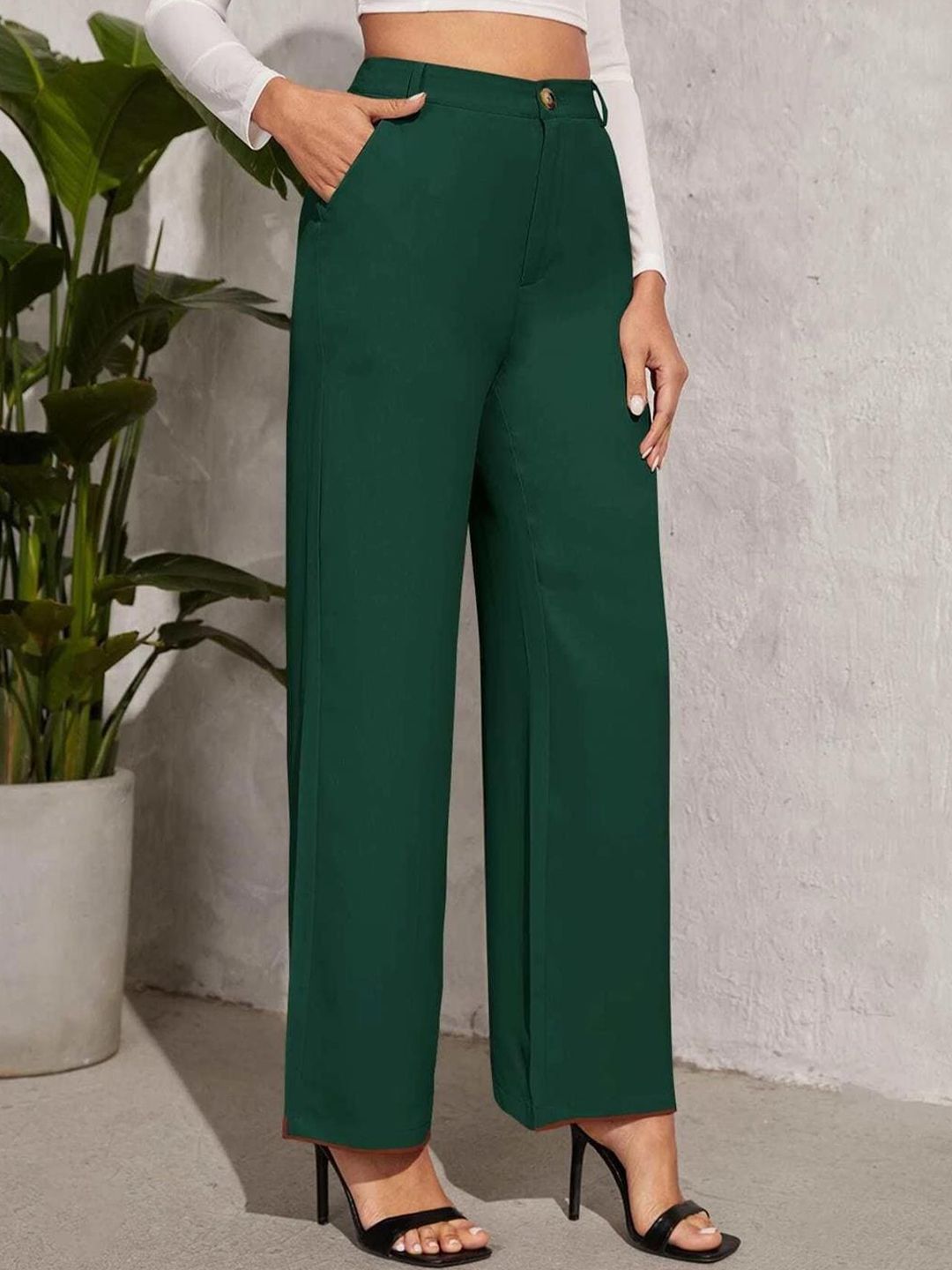 KOTTY BIZwear Women Green Relaxed Straight Leg Straight Fit High-Rise Trousers
