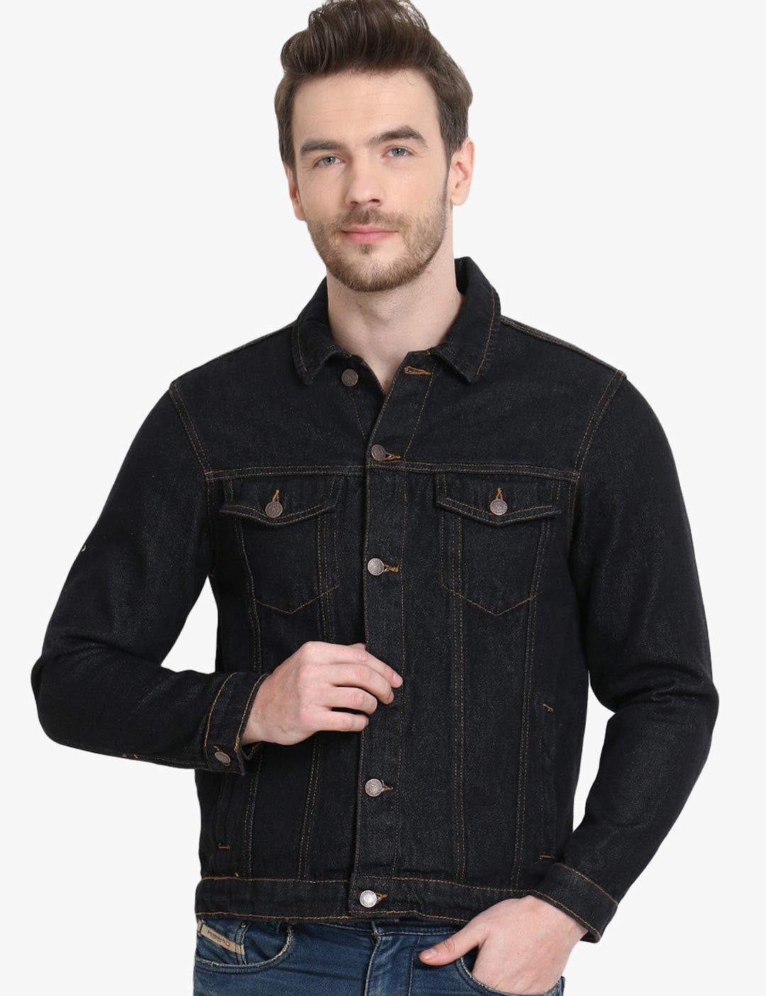 Kotty Men Black Solid Denim Jacket