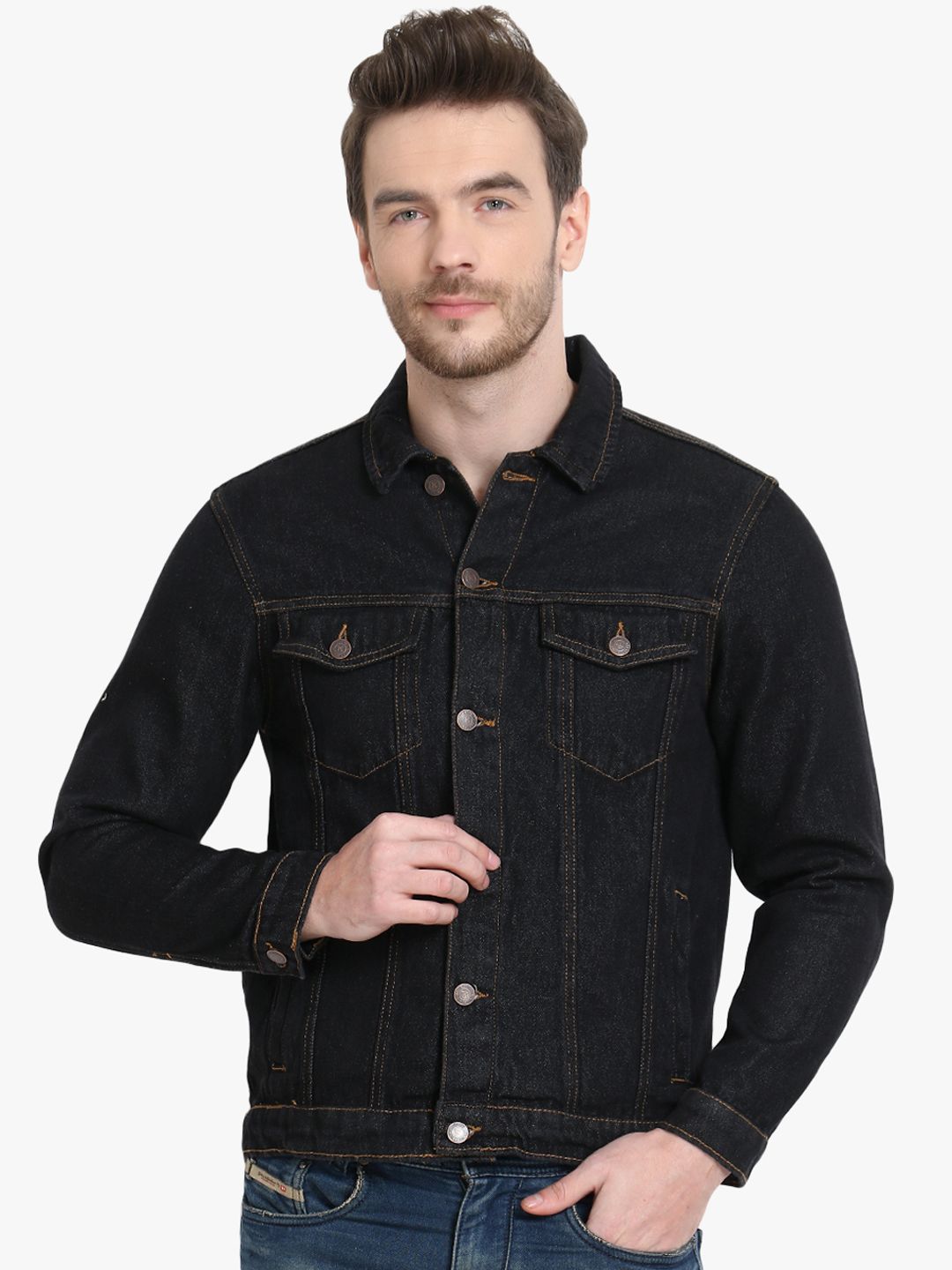 Kotty Men Black Solid Denim Jacket