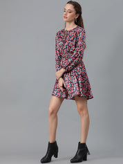 Kotty Navy Blue & Red Floral Printed Tie Up Neck Crepe Smocked Fit & Flare Dress