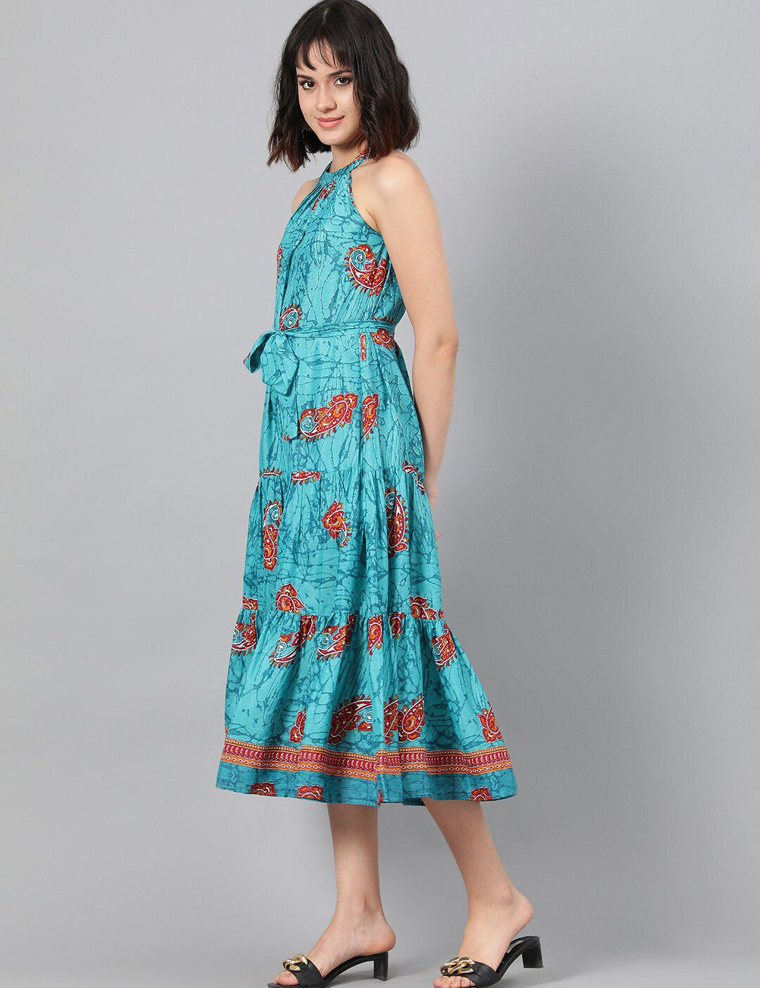 Kotty Turquoise Blue Ethnic Motif Printed Tiered Fit & Flare Midi Dress With Belt