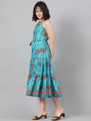 Kotty Turquoise Blue Ethnic Motif Printed Tiered Fit & Flare Midi Dress With Belt
