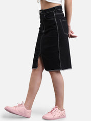 Kotty Women Black Solid Denim Straight Skirt