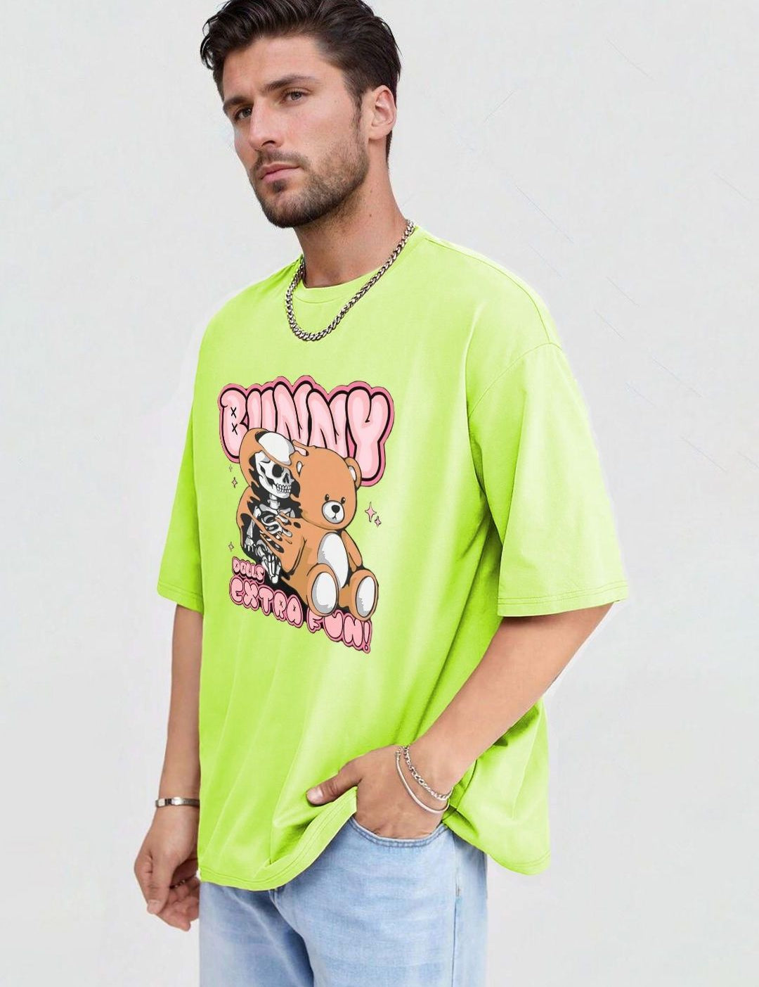 Kotty Men Printed Drop-Shoulder Sleeves Raw Edge T-shirt