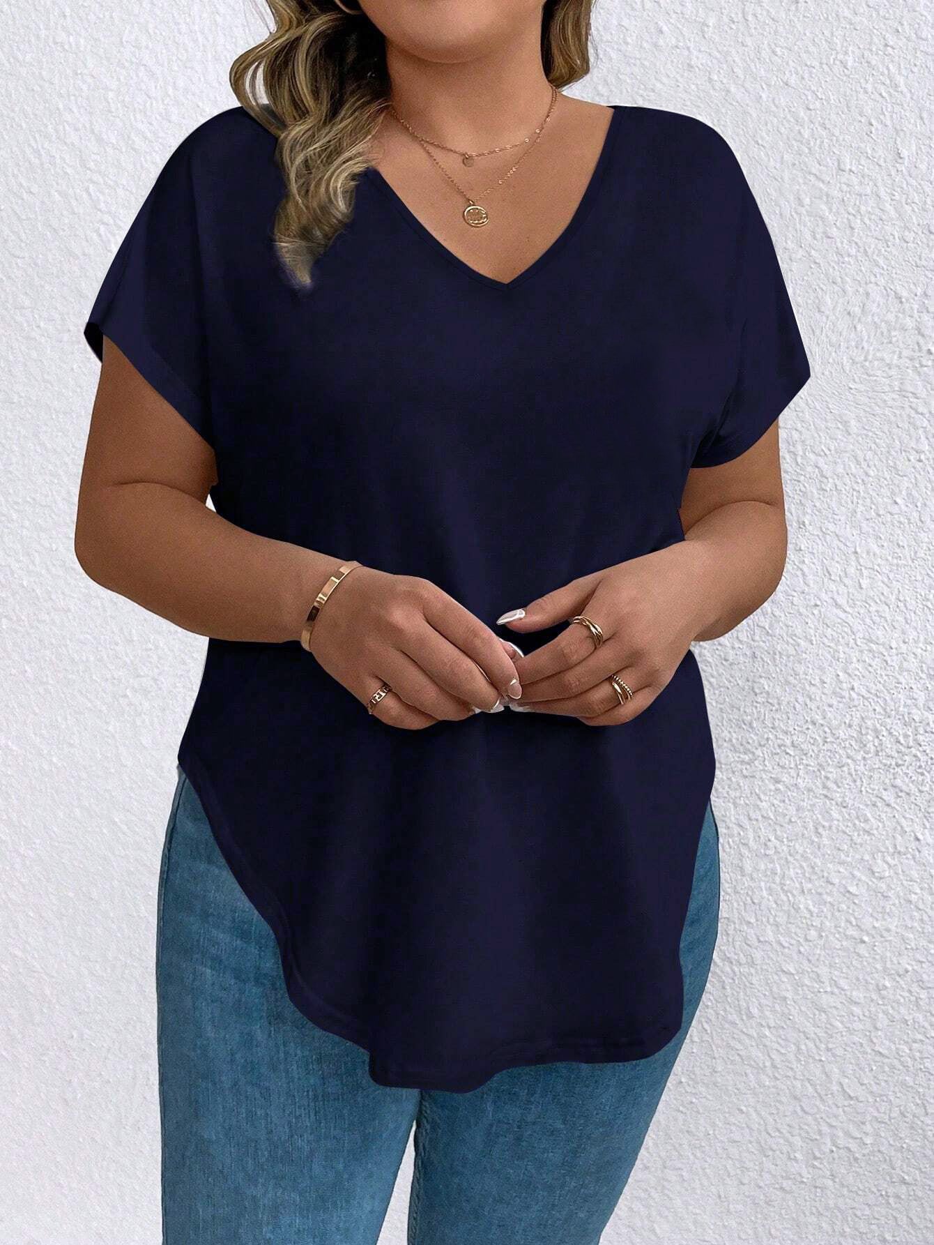 Plus Size Stylish Navy Blue Loose-Fit Women’s Tops